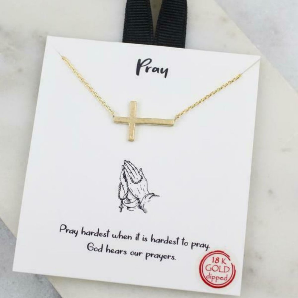 NEW Gold Pray Side Cross Necklace, 18K Dip Comunion Confirmation Religious Gift